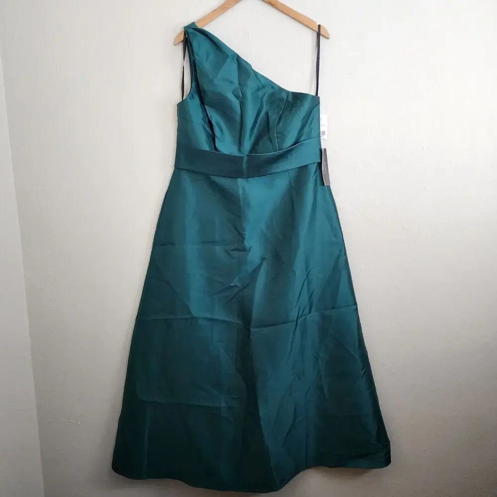 Alfred Sung One Shoulder Satin A-Line Gown Hunter Green Pockets NWT Plus Size 16 - Picture 3 of 9